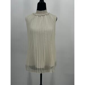 Nanette Lepore Ivory Pleated Pintuck Mock Neck Sleeveless Blouse Size Medium
